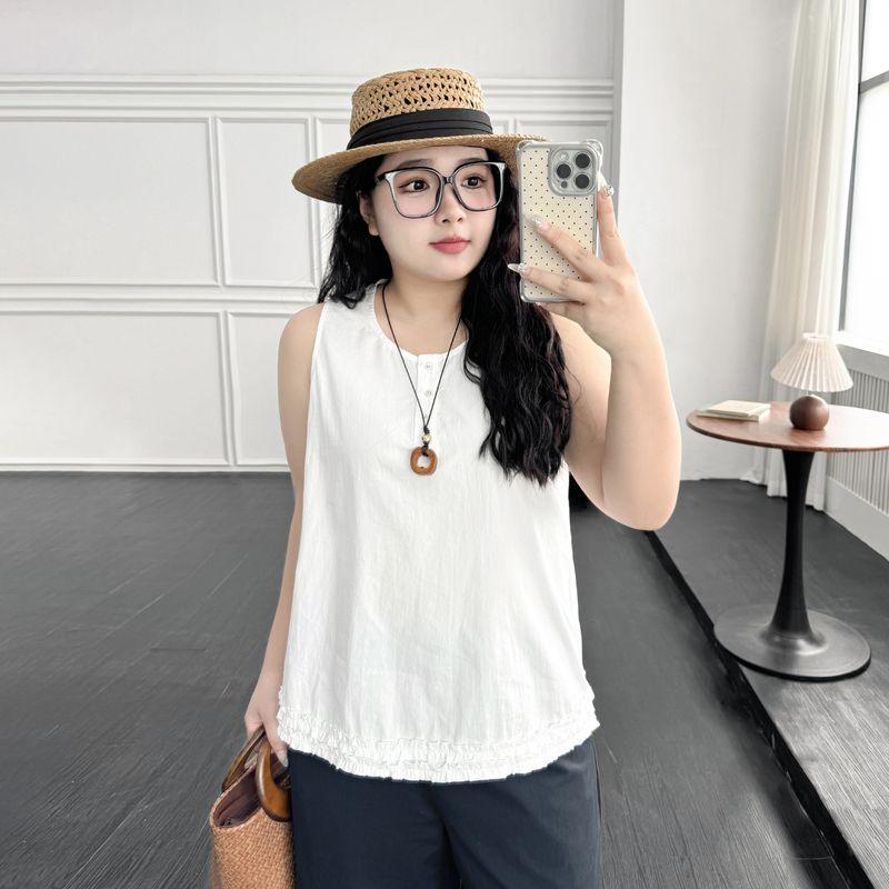 

Limited Edition Plus Size Women s Clothing [Korean Age-Reducing Vest] Summer Plus Size Ladies Loose 100.00kg Double Layer Stringy Selvedge Shirt