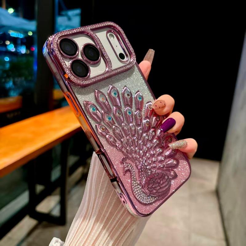 Peacock Plated Frame Glitter Stickers Rhinestone Lens Ring Case for For Iphone 17 Air 16 1 14 Plus 13 Pro Max Protect Soft Cover