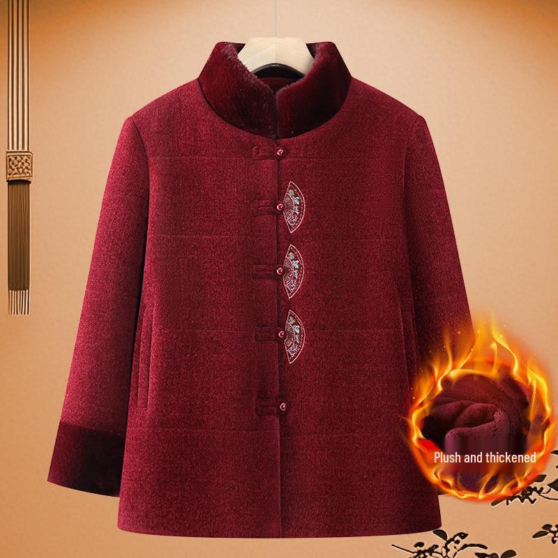 Elderly Women's Red Winter Tang Suit Cotton Jacket