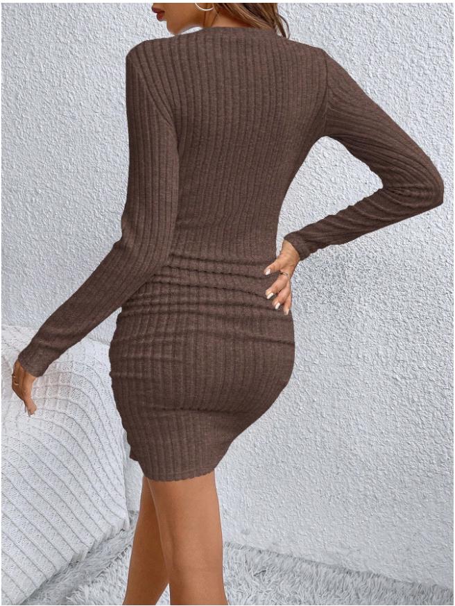 European & American Women's Autumn/Winter V-Neck Ribbed Bodycon Dress