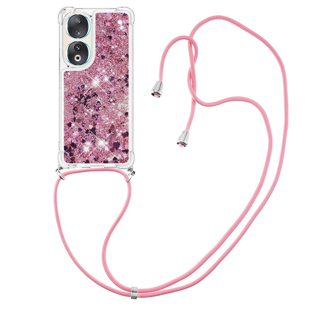 

For Honor 90 TPU Case Quicksand Design Phone Cover with Lanyard Rose Gold/Hearts