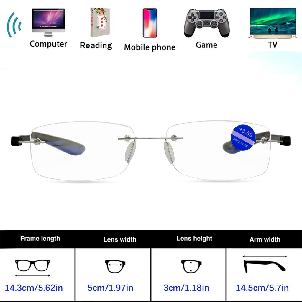 Retro Reading Glasses For Men Women Rimless Design Women'S Presbyopic Glasses Blue Light Blocking Metal Legs