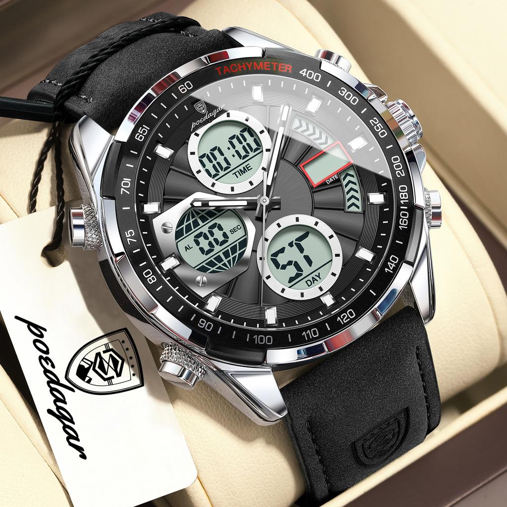 POEDAGAR Men Wristwatch Week Date Digital LED Quartz Fashion Clock Alarm Dual Time Display Electronic Luminous Watches