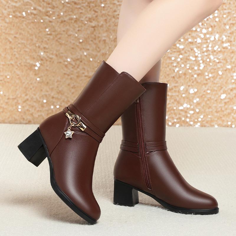 Woman Winter Warm Plus Fleece Snow Wedge Heel Boots Pu Leather Boots Flat Bottom Middle Tube Mother Comfort Cotton Shoes