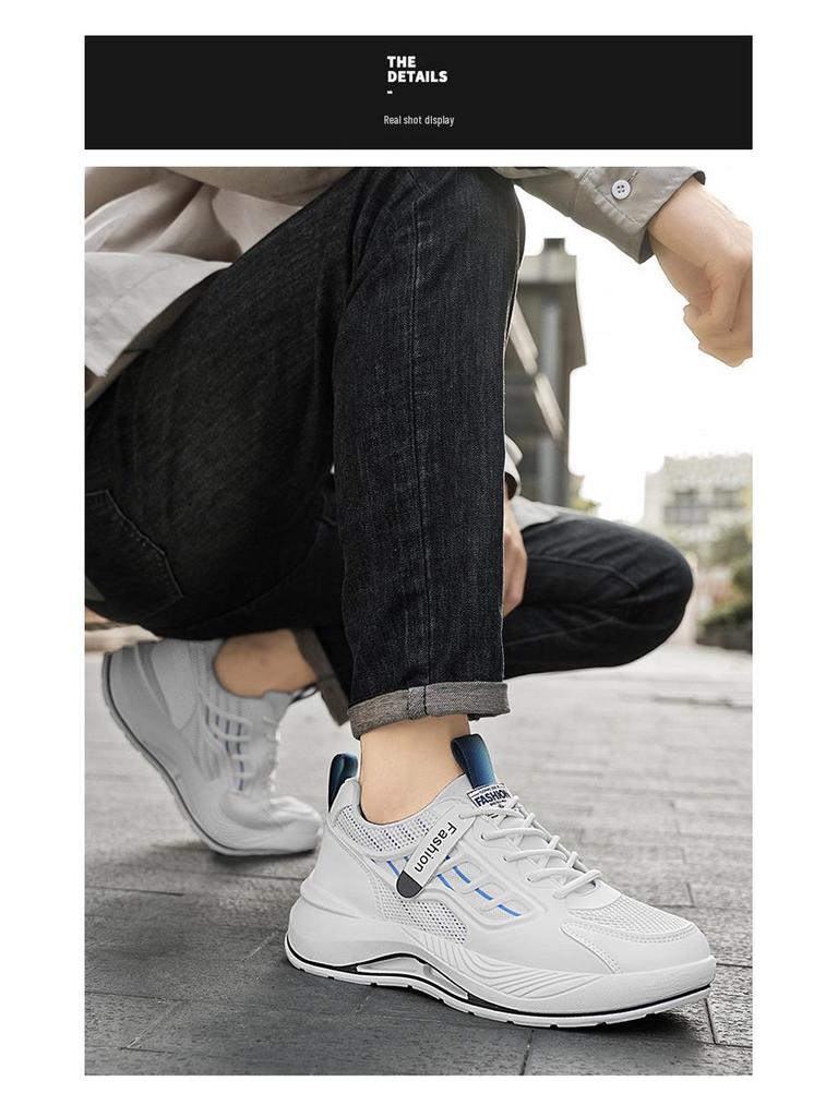 Men's Trendy White Mesh Sneakers - Breathable, Versatile, Thick-Soled Casual Dad Shoes for Spring