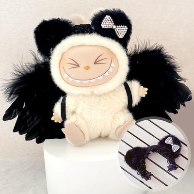 Suitable for 17cm Labubu Doll Clothes Fashion Clothing Black Cat Hair Clip with Pearl Choker Necklace Mini Cute Doll Fashion Accessories