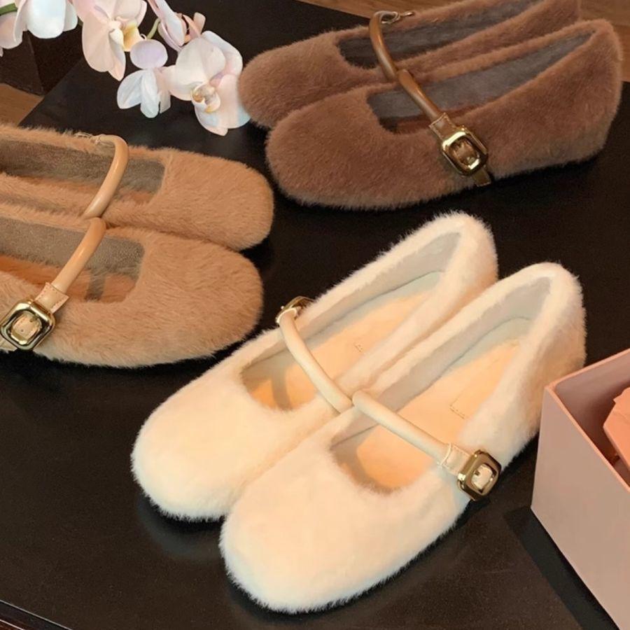 Ballet Style Increases with the Word Fluffy Mary Jane Autumn and Winter New Models Transcendent Foreign Style Gentle Soft Sole Velvet Single Shoes Wom