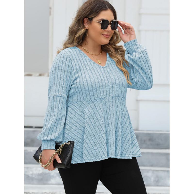 Women's Plus Size Tops Spring Autumn Doll Shirt V-Neck Ribbed Fleece Lantern Sleeve T-Shirt Base Shirt