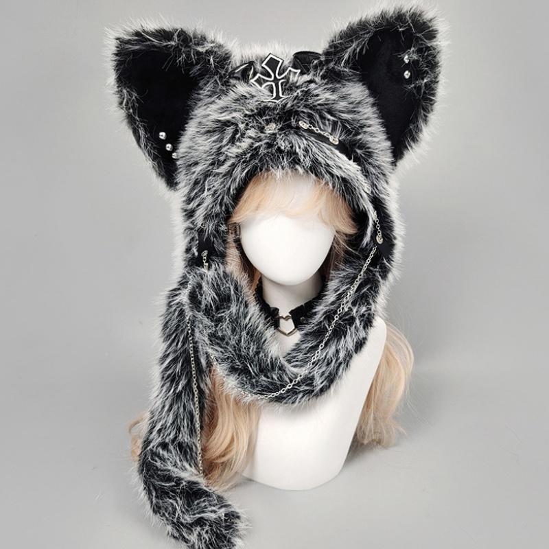 Dark Series Gothic Plush Hat Y2K Cross Metal Style Headwear Cosplay Cat Ear Hat Halloween Punk Rock Warm Cap For Women Men