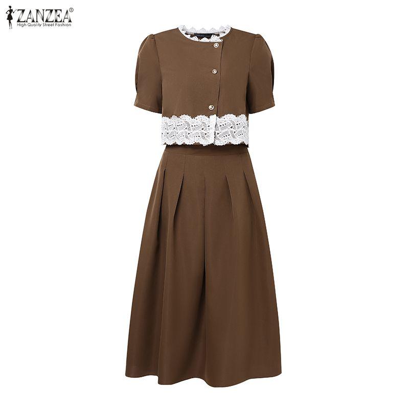 ZANZEA Women Short Sleeve Lace Splice Blouse and Long Skirts Summer Two Piece Suit Sets