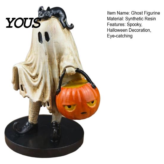 Whimsical Ghost Statue Vintage Halloween Figurine, Cute Spooky Resin with Pumpkin Childlike Decor Bucket And Black Cat for Indoor Kitchen Home