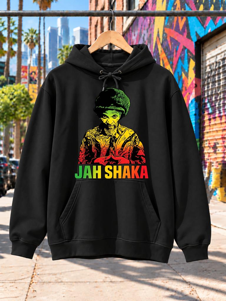 Jah Shaka Reggae Music Icon Portrait Graphic Red Yellow Green Rasta Color Palette And Bold Name Lettering Vintage Style Unisex Hoodie