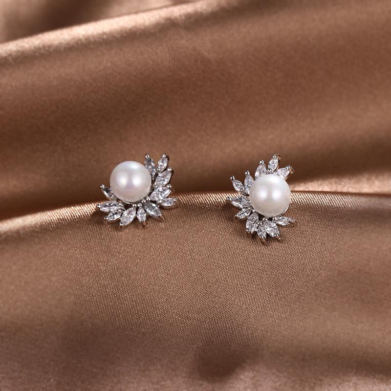 Round Pearl Earrings Stud Women Girls Fine Jewelry Silver Zircon Fashion Boucle Ooreille Femme Trendy Gifts Stud Earrings