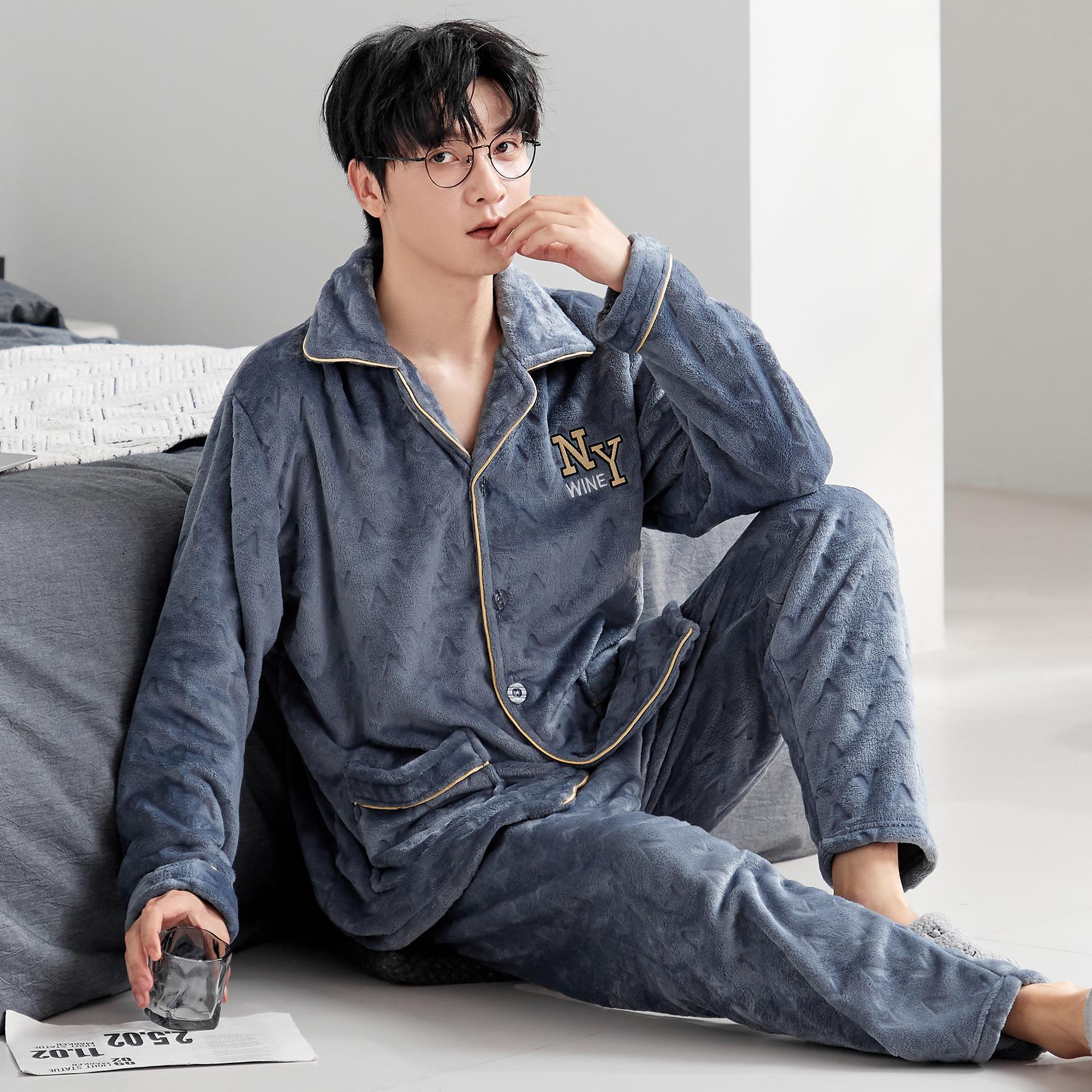 Men s Autumn/Winter Flannel Lapel Pajamas - New Arrival, Plus Velvet, Thickened Coral Fleece Homewear L