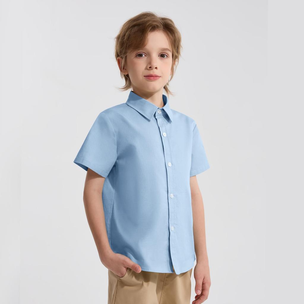LOLANTA Boys' Formal Dress Shirt, Short Sleeve, Solid Color, Perfect for Weddings, Funerals, Recitals, Blue, Size 100