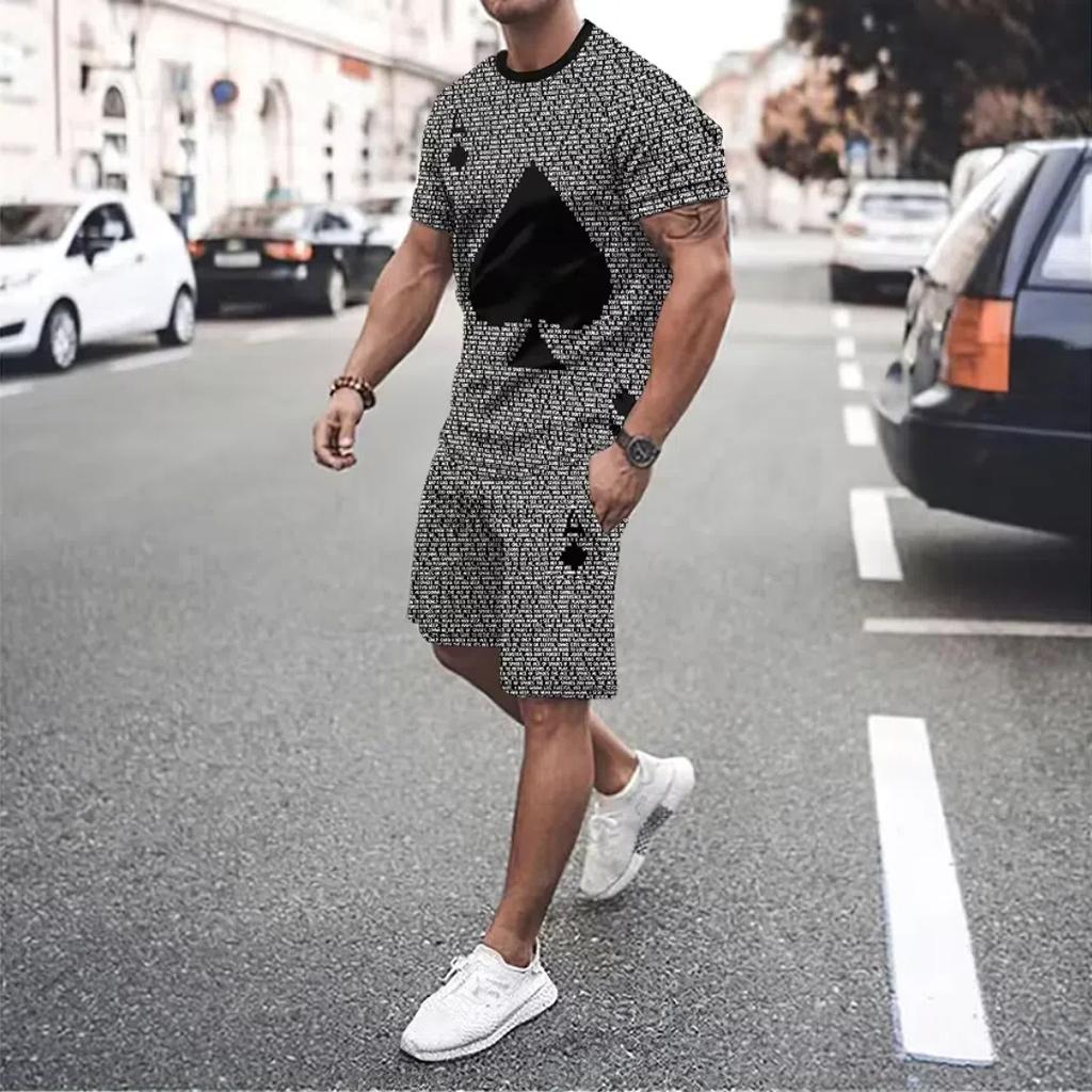 Męski dwuczęściowy zestaw sportowy składający się z krótkich spodenek z okrągłym dekoltem i krótkim rękawem, 3D-kartowy łącznik, męski zestaw do biegania i wypoczynku