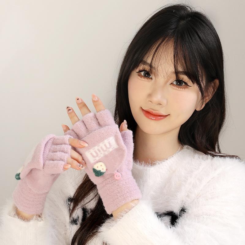 Gloves female winter student flip half finger cute Korean version cartoon warm optional color velvet gloves manufacturer RY
