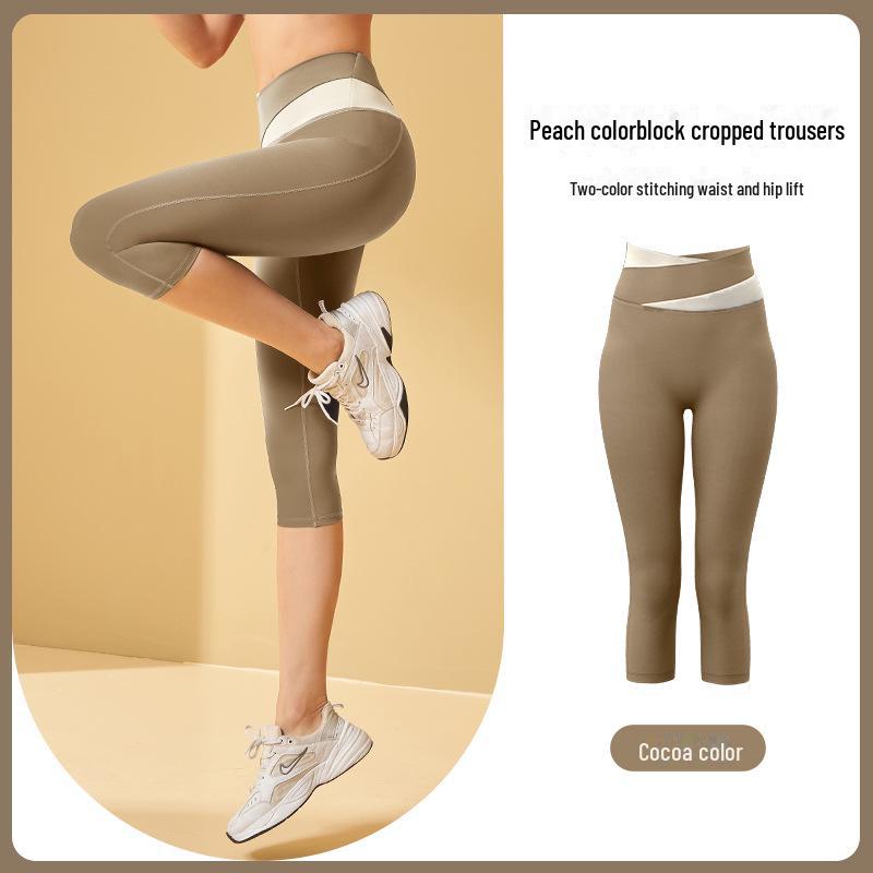 

Женские эластичные брюки-карго телесного цвета с цветными блоками, приподнимающие бедра, три четверти, для йоги и бега S