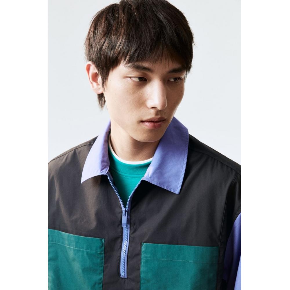 H M Loose Fit Zip Top sHirt Black Dark Turquoise
