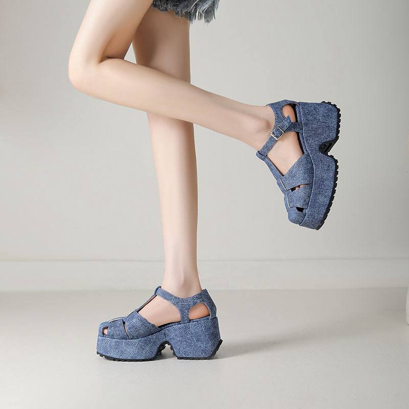 Krazing Pot Polyurethane Spring Summer Size 43 Size 42 Women Platform Women Square Toe Buckle Thick Bottom Pumps