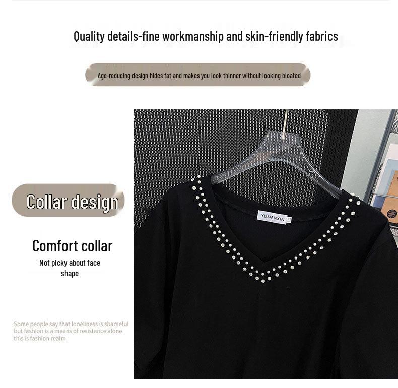 Plus Size V-Neck Mid-Length Loose Short-Sleeve T-Shirt for Women