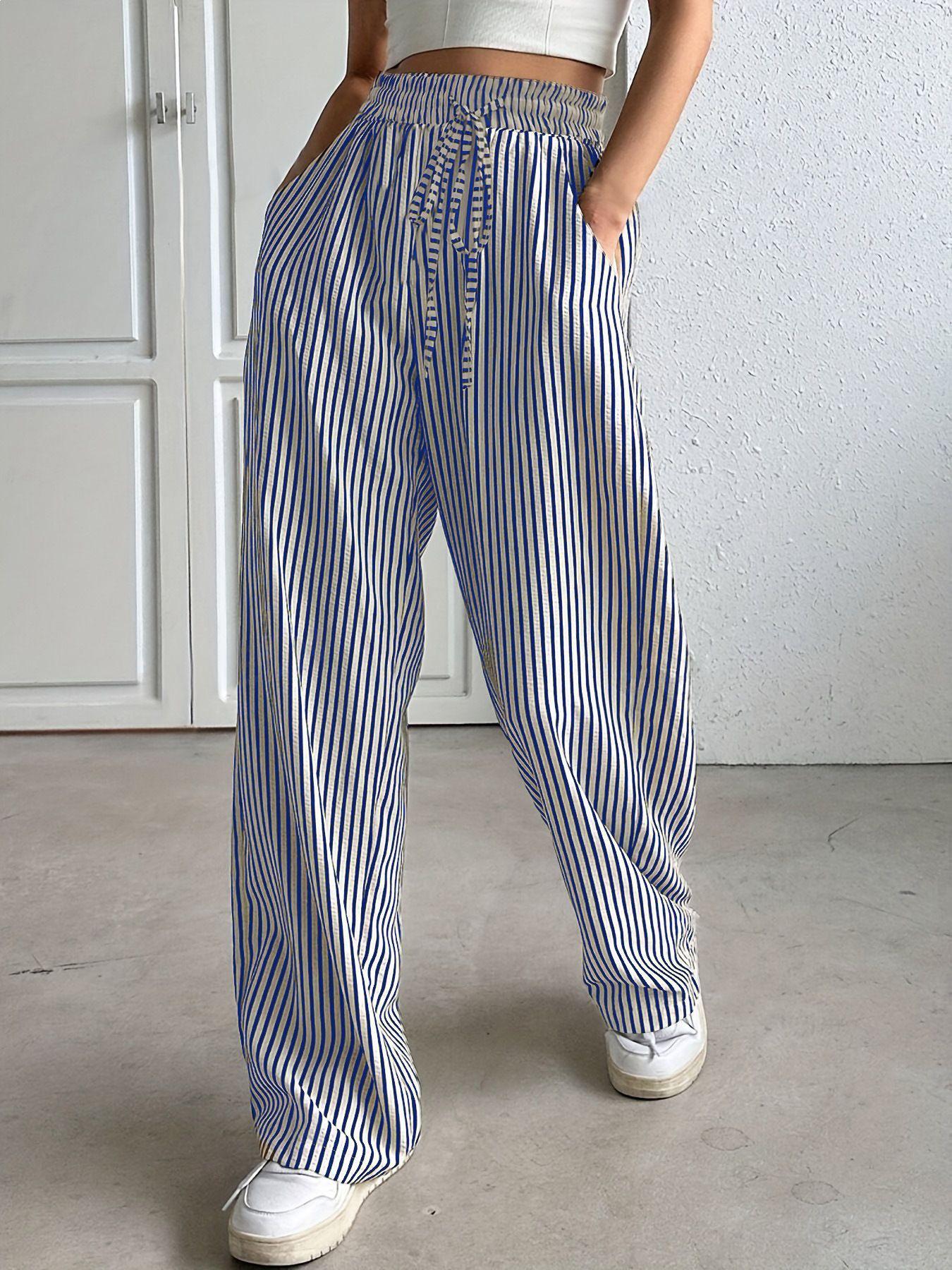 2025 European Striped Wide-Leg Drawstring Trousers with Pockets for Women XXL синий