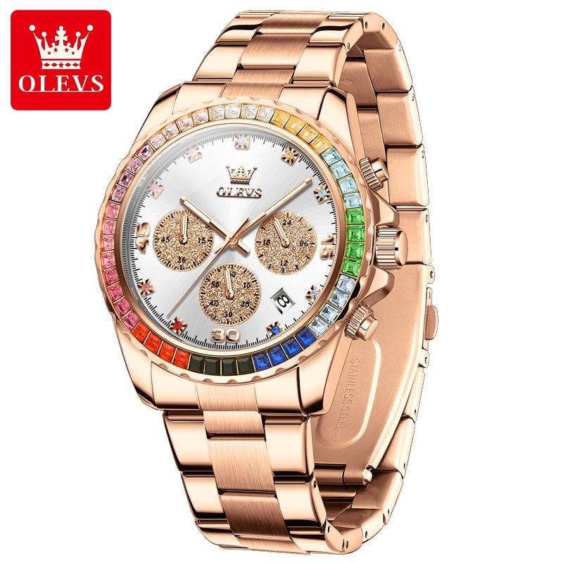 

Годинники для чоловіків OLEVS Rainbow Gemstone Bezel Business Luxury Quartz Watches Waterproof Luminous Watches рожевий колір золота/білий