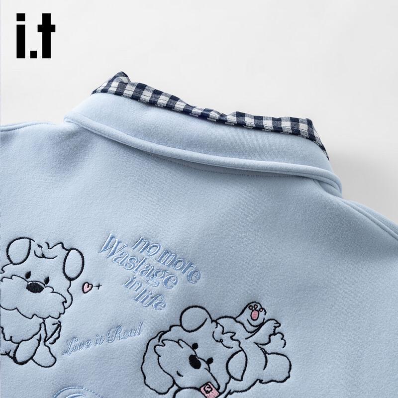 Izzueit Women's Cartoon Embroidered Fleece-Lined Color-Block Lapel Sweatshirt
