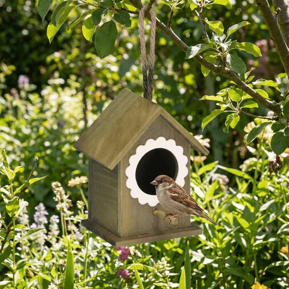 Wall Mounted Wooden Bird House Handmade Weather-Resistant Bird Nest Box with Hanging Rope Decorative Bird Breeding Box