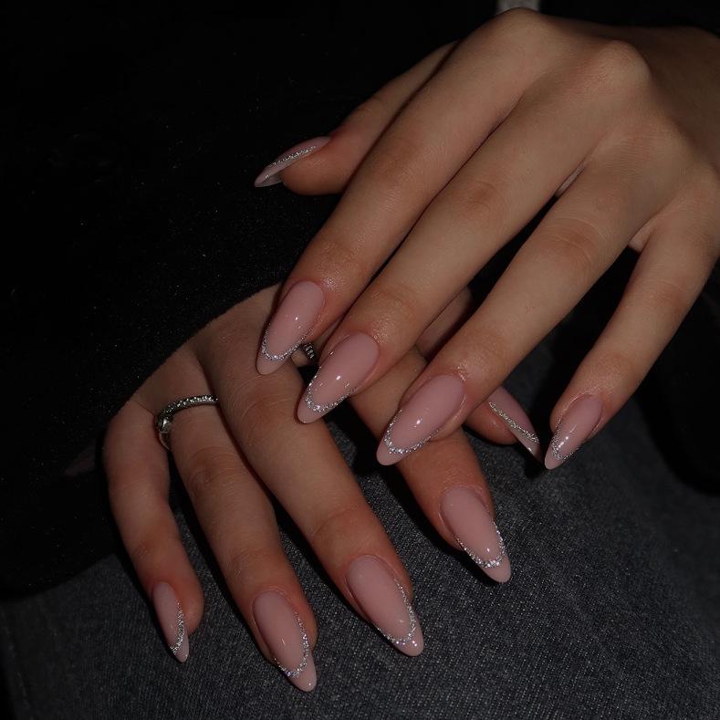 

Nude Glitter French Manicure Fake Nails - 24-Piece Set for European and American Style Glue Type