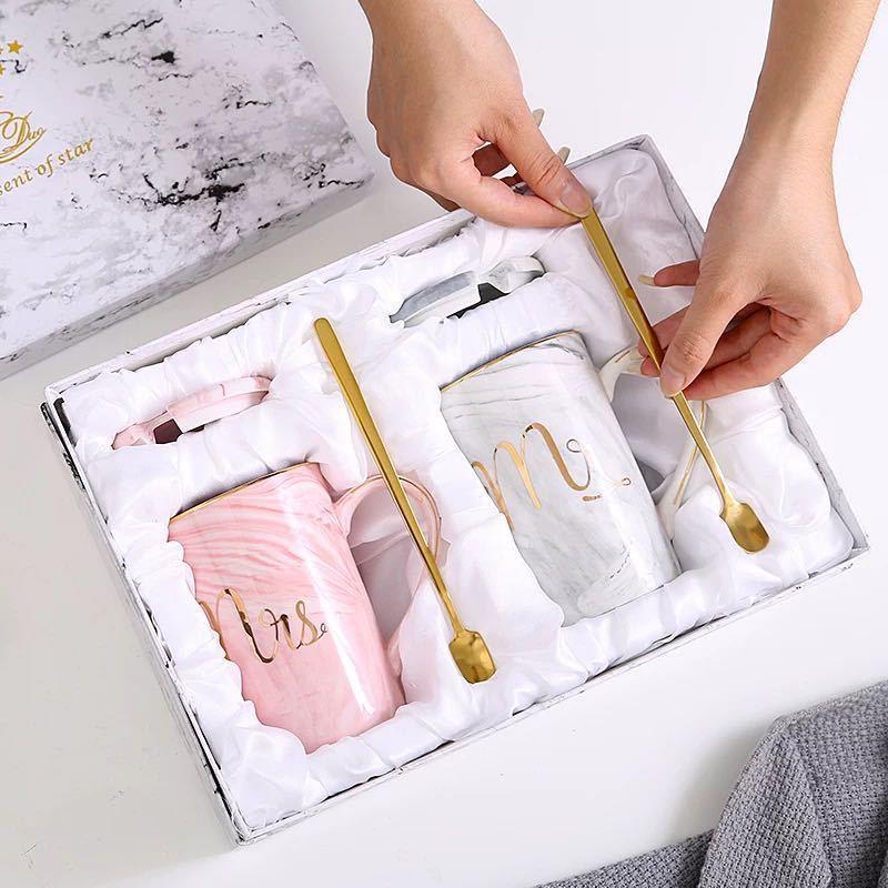 Marble Mug Ceramic Cup Gift Box Coffee Cup Couple Creative Water Cup with Lid Spoon