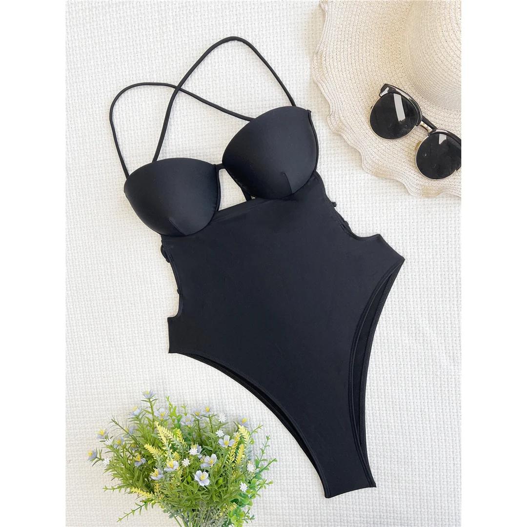 

New Sexy Underwired With Bra Cup Women Swimwear One Piece Swimsuit Female Scrunch Butt Monokini Bather Bathing Suit Swim L чорний