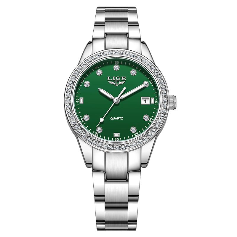 

LIGE Luxury Women Watches Stainless Steel Waterproof Calendar Creative Ladies Watch Fashion Elegant Luminous Quartz Wristwatch зелений