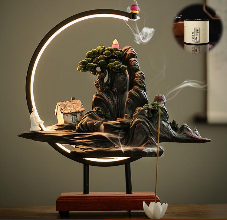 Zen High Mountains and Flowing Water Incense Burner,Sandalwood&Agarwood Incense Lamp for Tea Table Decoration