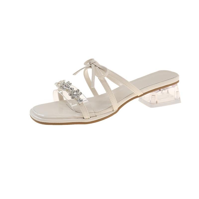 

Beautiful sandals women wear open-toed half-mop summer new temperament crystal shoes thick-heeled rhinestone sandals 40 бежевый