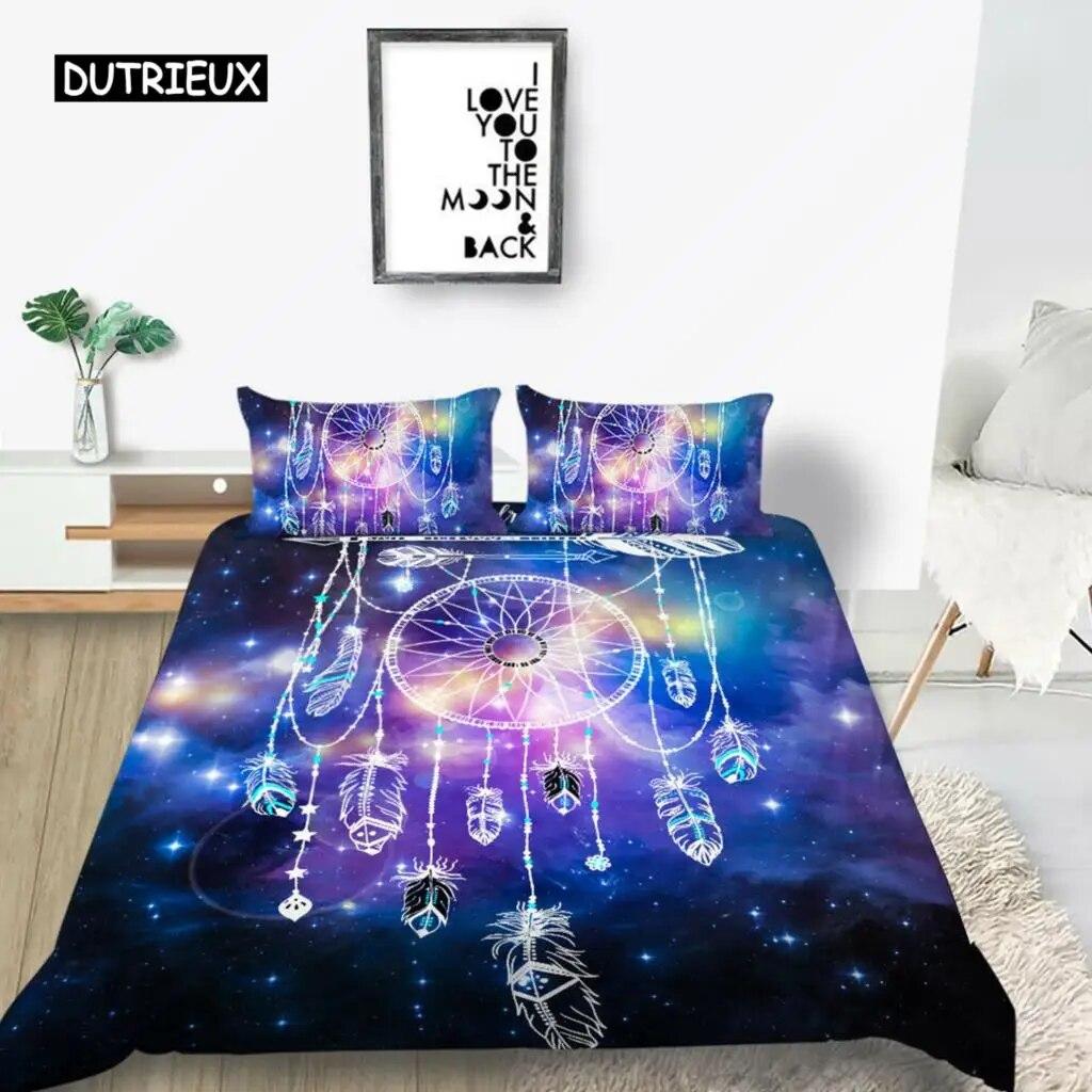 Dream Catcher Duvet Cover Set Kids Bohemian Mandala Boho Chic Feather Bedding Set Full Size Tie Dye Purple Polyester Duvet Cover three-piece set