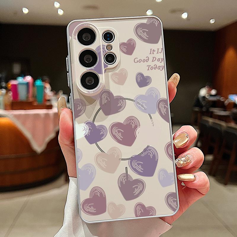 Magnetic For Magsafe Case For Samsung Galaxy S26 Ultra S25 Edge S24 Plus S23 FE S22 A54 A55 A56 5G Candy Color Love Hearts Pattern Matte Cover