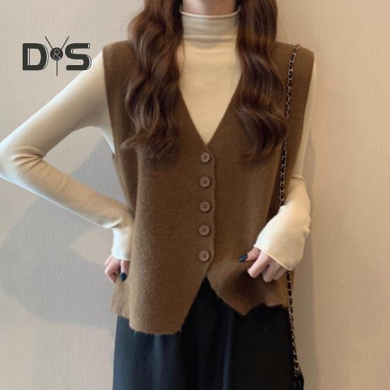 Jesień Zima Damska Kamizelka Dekolt w Serek Zapinana Na Guziki Jednolity Kolor Luźna Dzianina Gruba Utrzymuje Ciepło Bez Rękawów Luźny Sweter Top