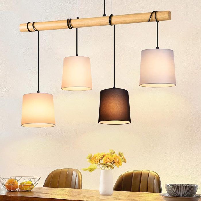 Suspension salle à manger - NETTLIFE - 4 ampoules E27 - Blanc tissu rustique - Métal 80x15x175 cm