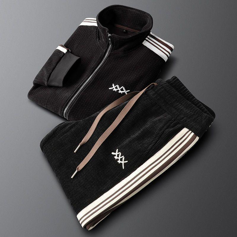 Autumn Winter Warm Sports Men Sets Suit for Men Zipper Stand-up Collar Cardigan Jacket Straight Leg Sweatpants Two-piece Set