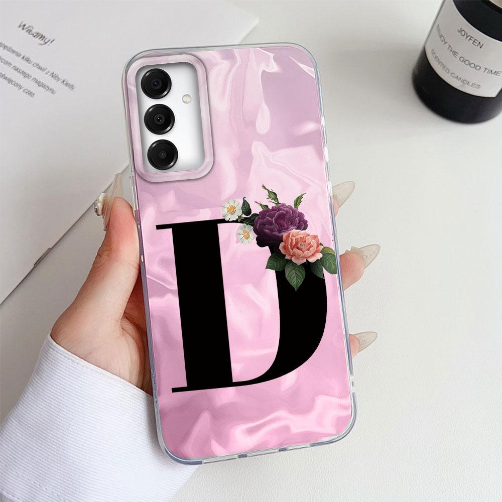 A-Z Black Letter Peony Flower Shockproof Phone Case For Samsung Galaxy A07 A17 A06 A16 A26 A36 A56 A12 A22 Shell Couple Cover