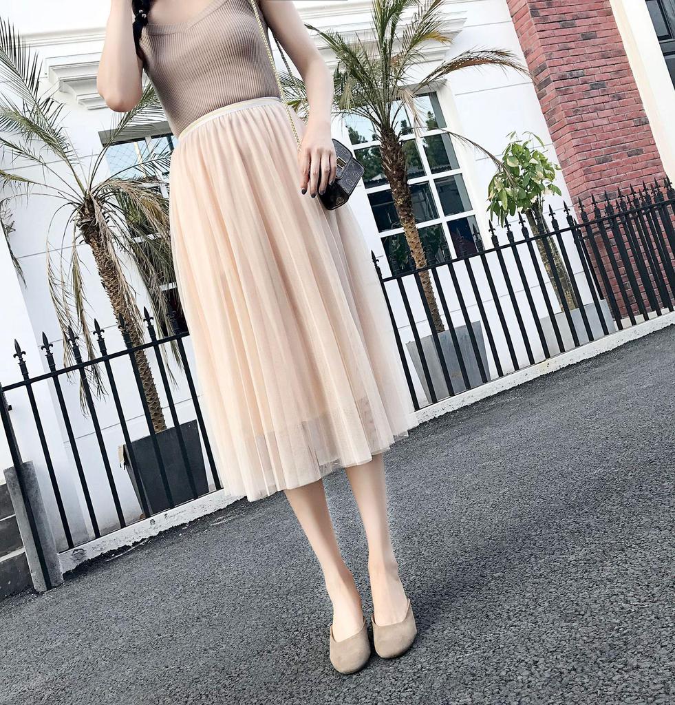 2023 Spring/Summer High-Waist Mesh Pleated Midi Skirt