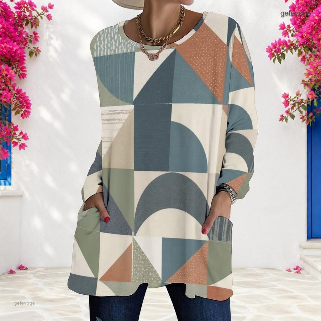 Women Plus Size Round Neck Long Sleeve Floral Plaid Printed Loose T Shirt With Pockets
