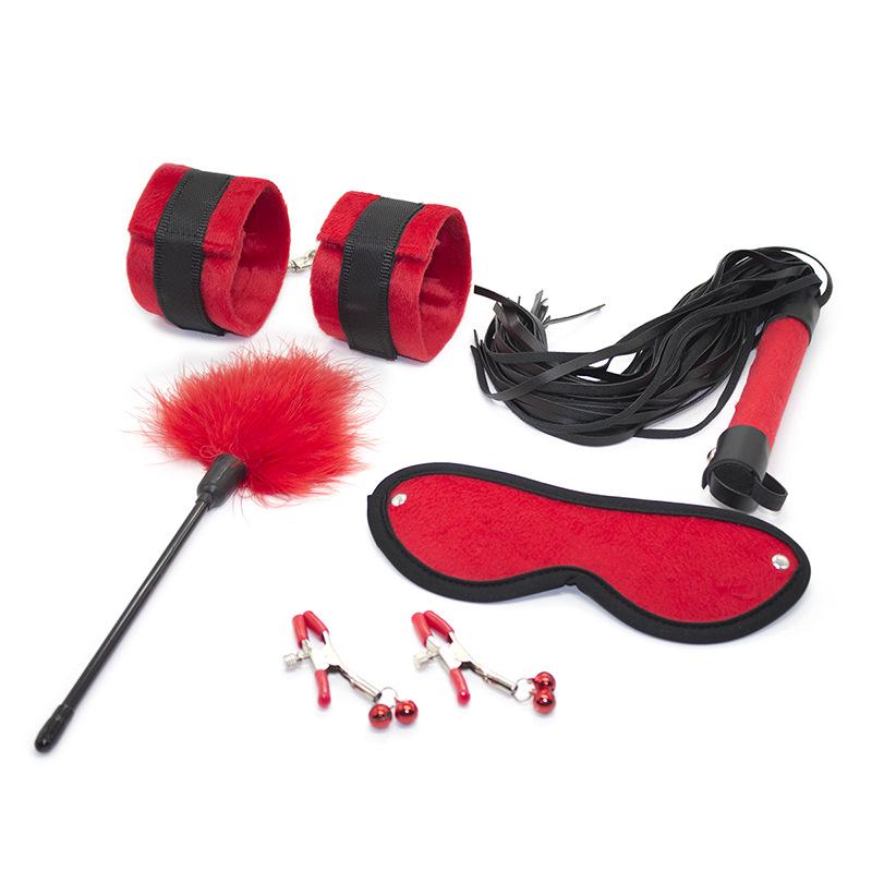 5-Piece Adult Toy Set: Handcuffs, Leather Whip, Eye Mask, Hand Paddle, Choker