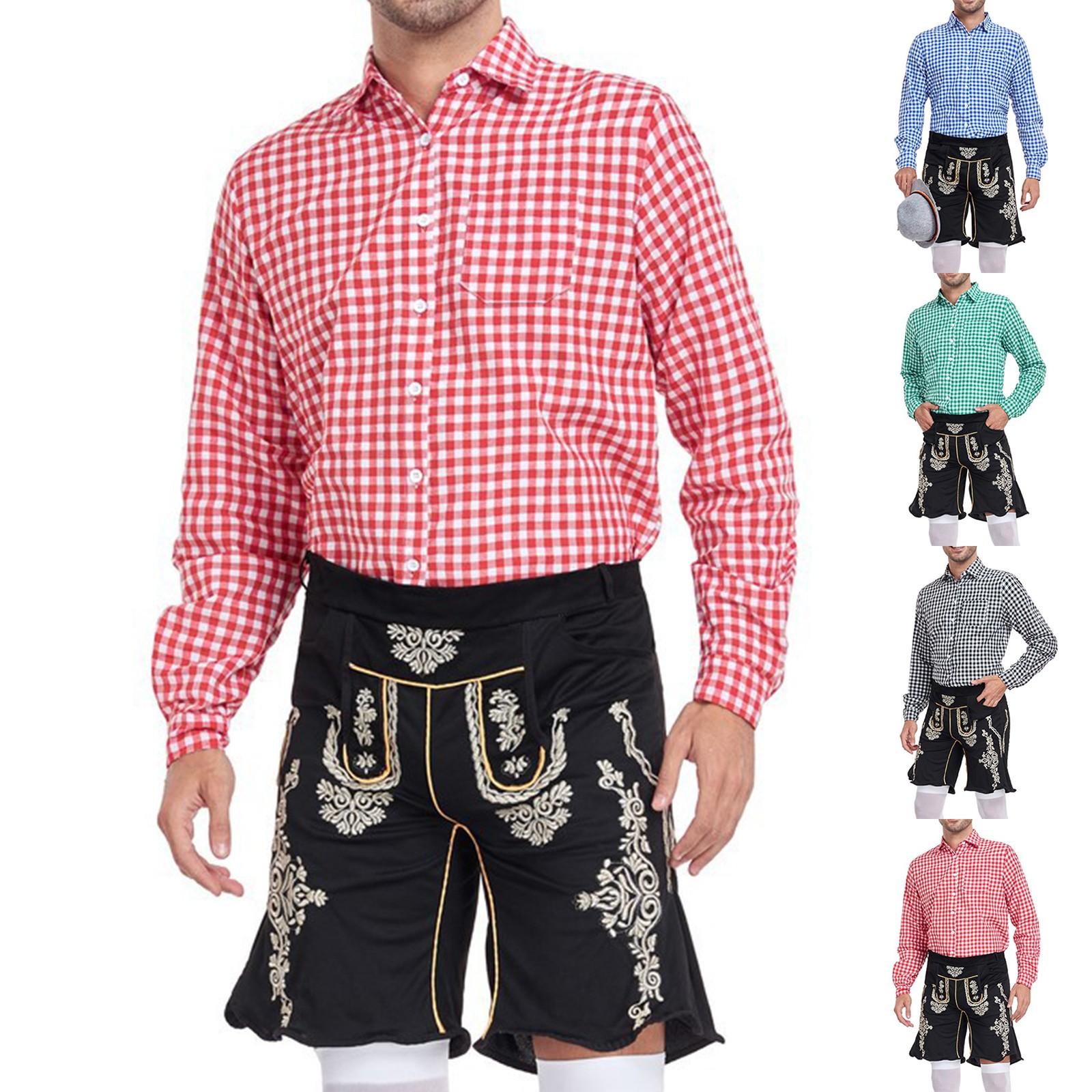 

Beer Festival Costume Bavarian Men s Performance Outfit Checkered Shirt Floral Printed Shorts Set M зелений