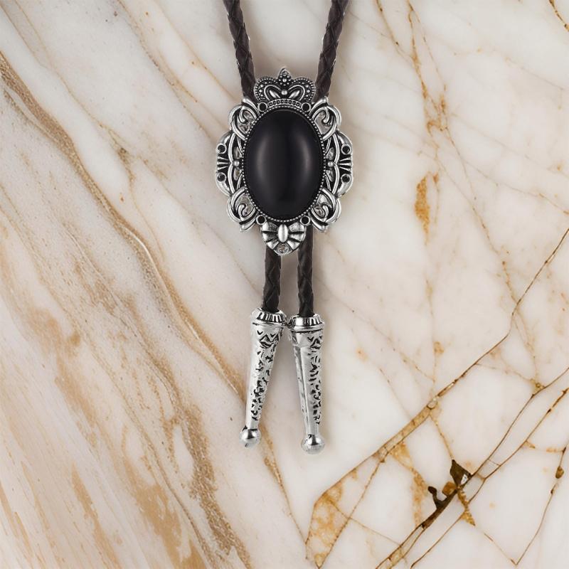Bolo Tie Necktie Artificial Leather Braided Rope Necklace with Metal Flower Crown Stone Jewelry Cowboy Vintage Neckwear