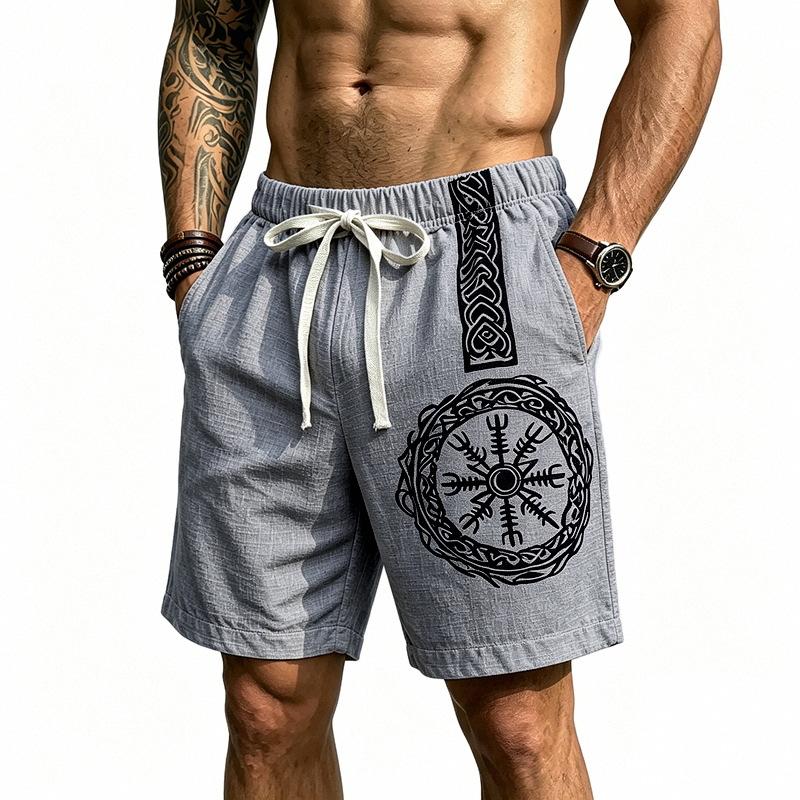 Men Nordic Viking Totem Print Drawstring Waist Casual Linen Blend Shorts