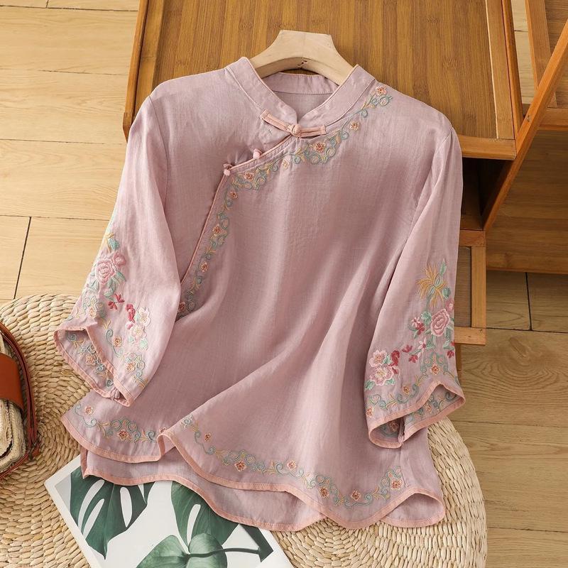 2024 Retro Style Women's Embroidered Cotton-Linen Shirt with Buttoned Lapel and Three-quarter Sleeves