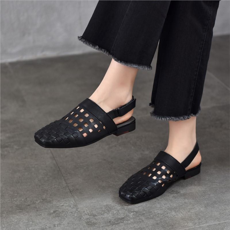 Johnature Real Leather Low Heel Sandals Woven Hollow Out Versatile Square Toe Commuting Women's Shoes