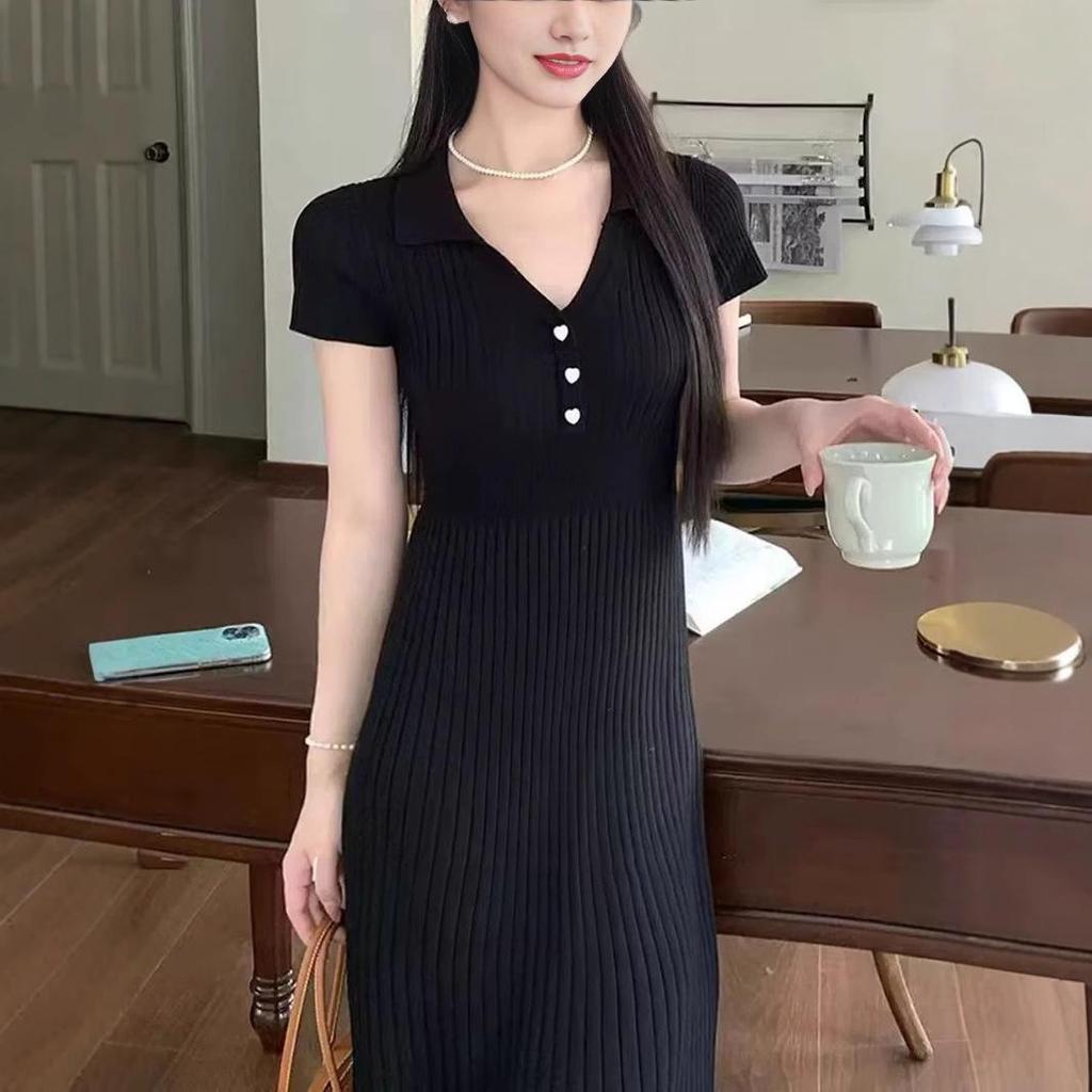 Elegantes französisches Hepburn-Sommerstrickkleid für Damen – Slim Fit, Kurzarm, Hüftbetonendes langes Kleid